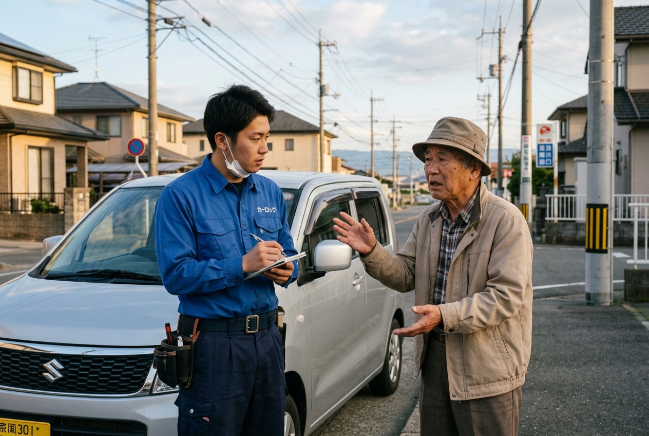 久留米市で鍵を失くしたお客様からカーロックの社員が状況を確認している写真