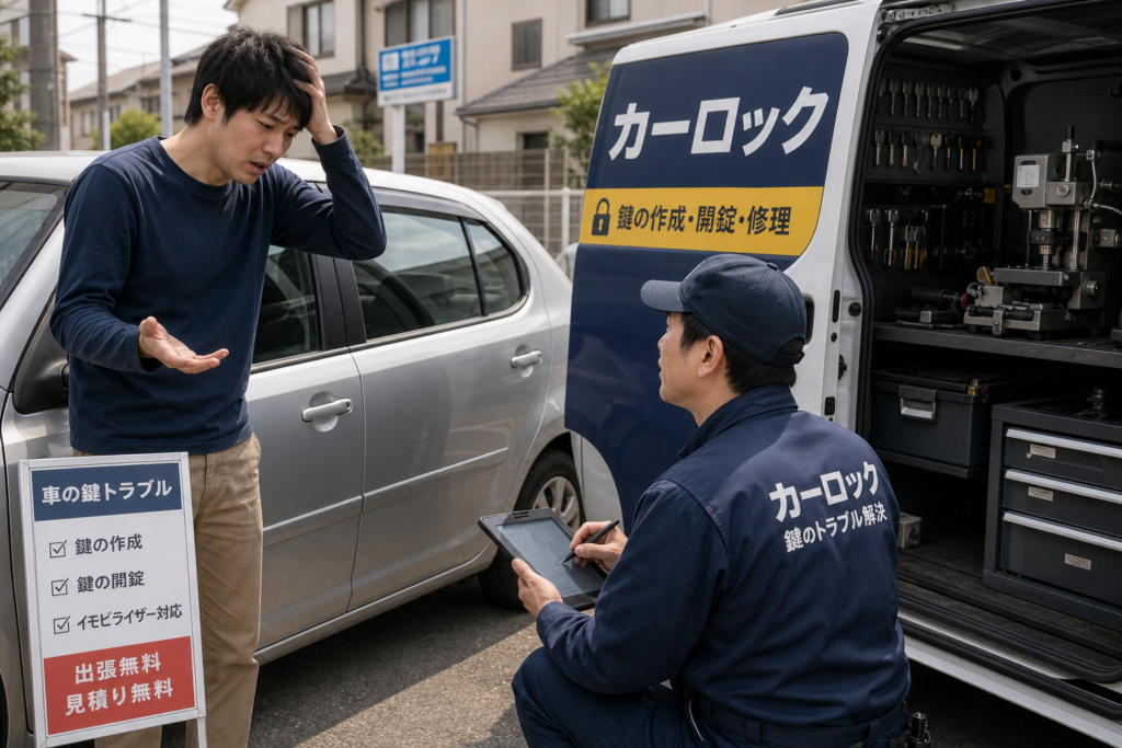 A worried man talks to a locksmith beside a silver car, while a technician in a navy uniform sits with a tablet near an open tool-filled van.